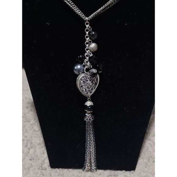 Source Unknown Jewelry - Silver-Tone Necklace w/ Tasseled Filigree Heart Pendant & Beaded Accents, 24"